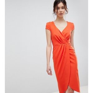 Orange Bardot Wrap Over Pencil Midi Dress